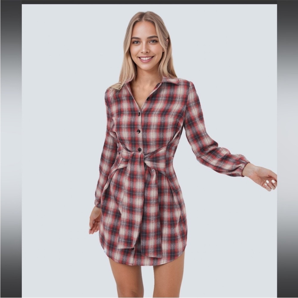 Collared Button Tie Front Long Sleeve Plaid Mini
Casual Dress​